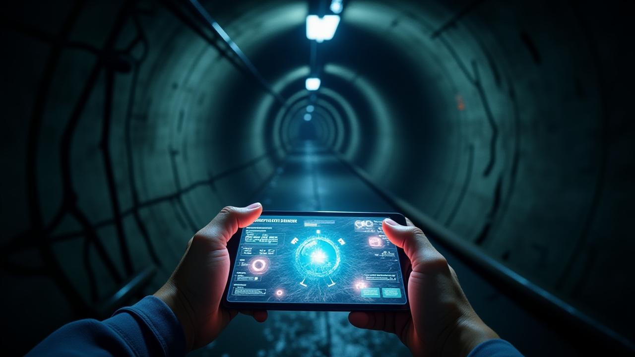 VR 환경에서 터널 내부를 이동하며 균열과 누수 지점을 확인하는 모습.